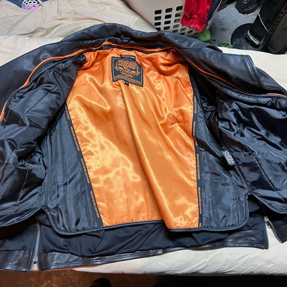 Source Unknown Dark Leather Jacket With Vibrant L… - image 3